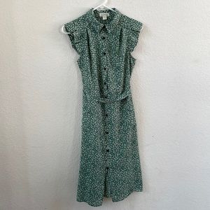 {Monteau Lost Angeles} Green/Cream Short Sleeve Button-Down Dress w/ Belt